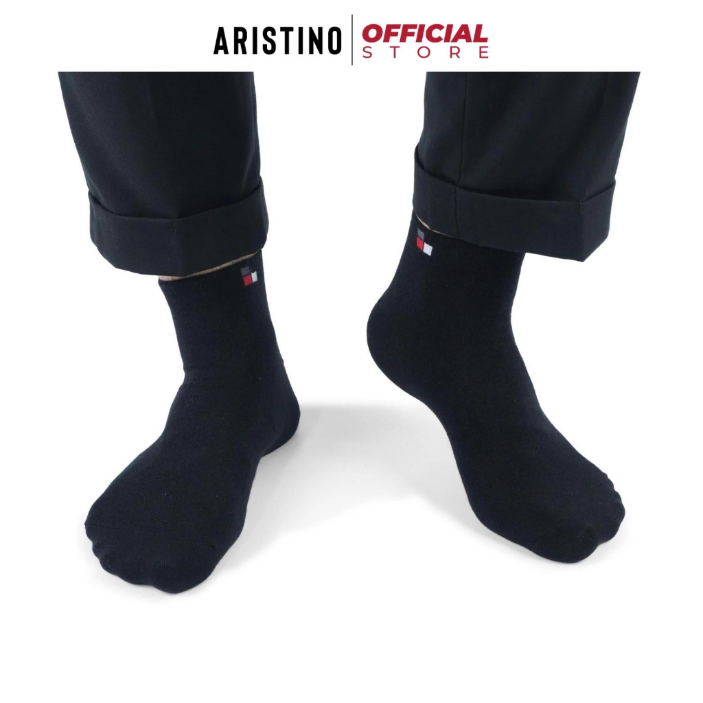 Tất nam ARISTINO Bizmen BSC013 trơn cổ trung logo dệt lưới co giãn 4 chiều ôm chân thoáng khí chống hôi chân