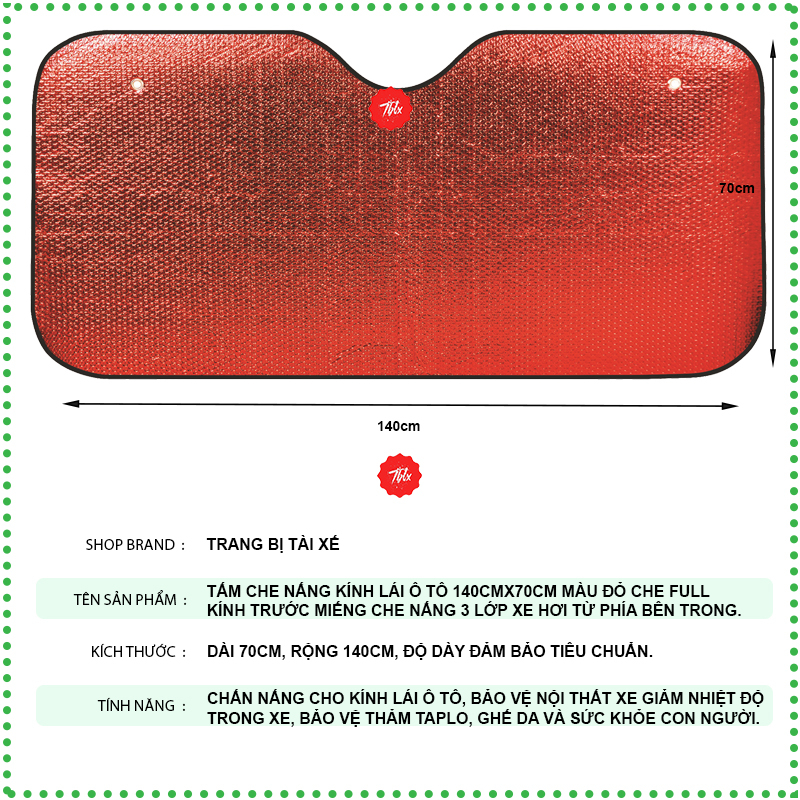 Tấm che nắng kính lái ô tô 140cmx70cm màu đỏ che full kính trước miếng che nắng 3 lớp xe hơi từ phía bên trong - TAMKLDO
