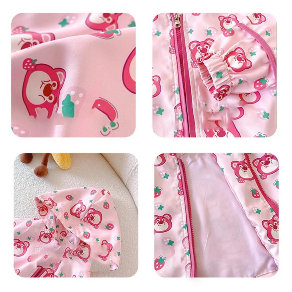 Áo khoác gió 2 lớp kèm mũ hình gấu dâu tây cho bé siêu hót từ 1T đến 7T