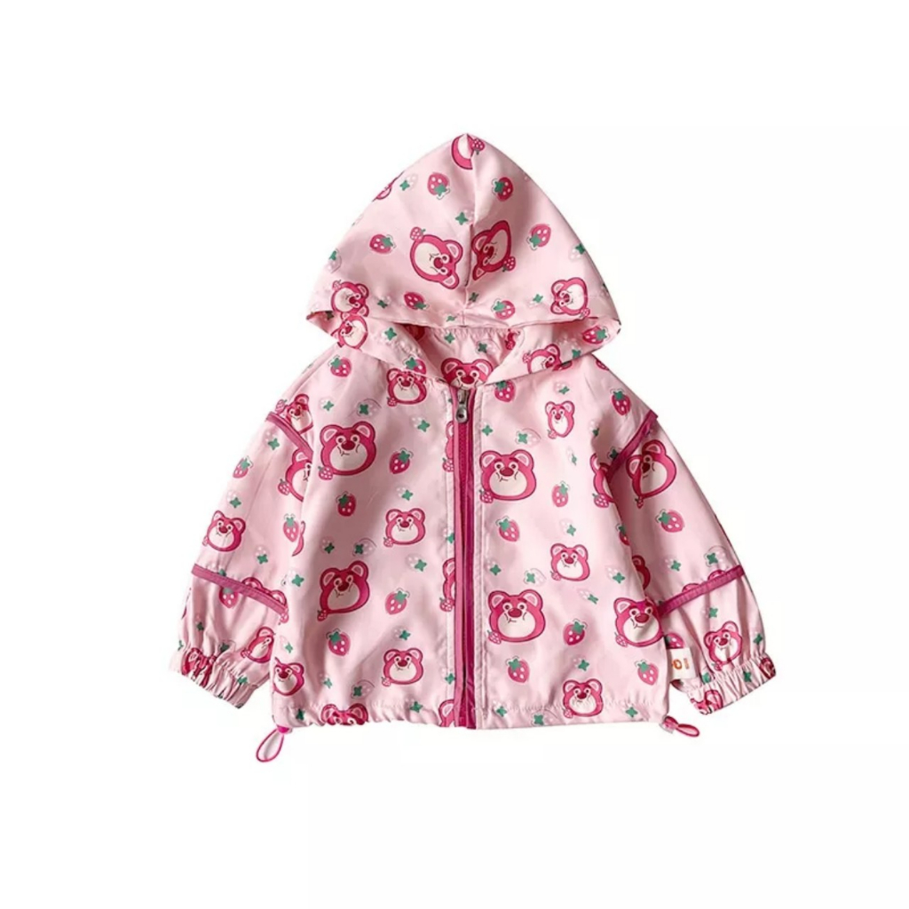 Áo khoác gió 2 lớp kèm mũ hình gấu dâu tây cho bé siêu hót từ 1T đến 7T
