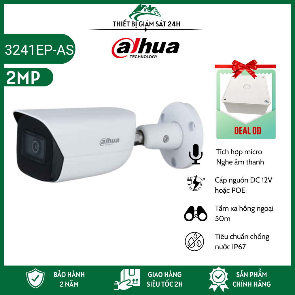 Camera IP HFW 3241EP-AS 2.0MP tích hợp micro, cấp nguồn DC12V hoặc PoE, có hỗ trợ khe cắm thẻ nhớ