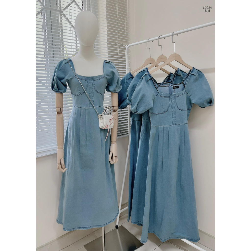 Đầm xòe jean quây ngực cổ vuông phong cách tiểu thư dể thương CHIBEST LDC84