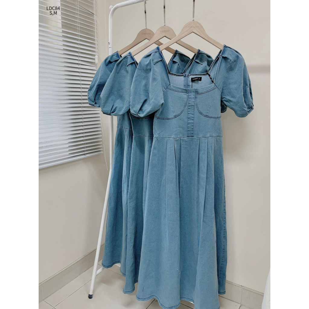 Đầm xòe jean quây ngực cổ vuông phong cách tiểu thư dể thương CHIBEST LDC84