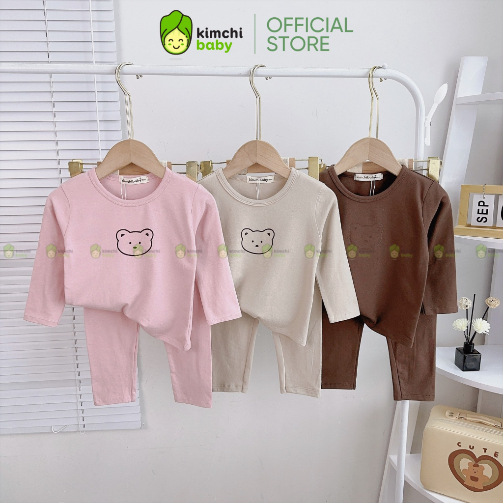 Đồ Bộ Dài Tay Bé Trai, Bé Gái KIMCHIBABY Vải Cotton Mềm Mịn In Gấu, Bộ Quần Áo Cho Bé Mặc Nhà Thu Đông KCTD308