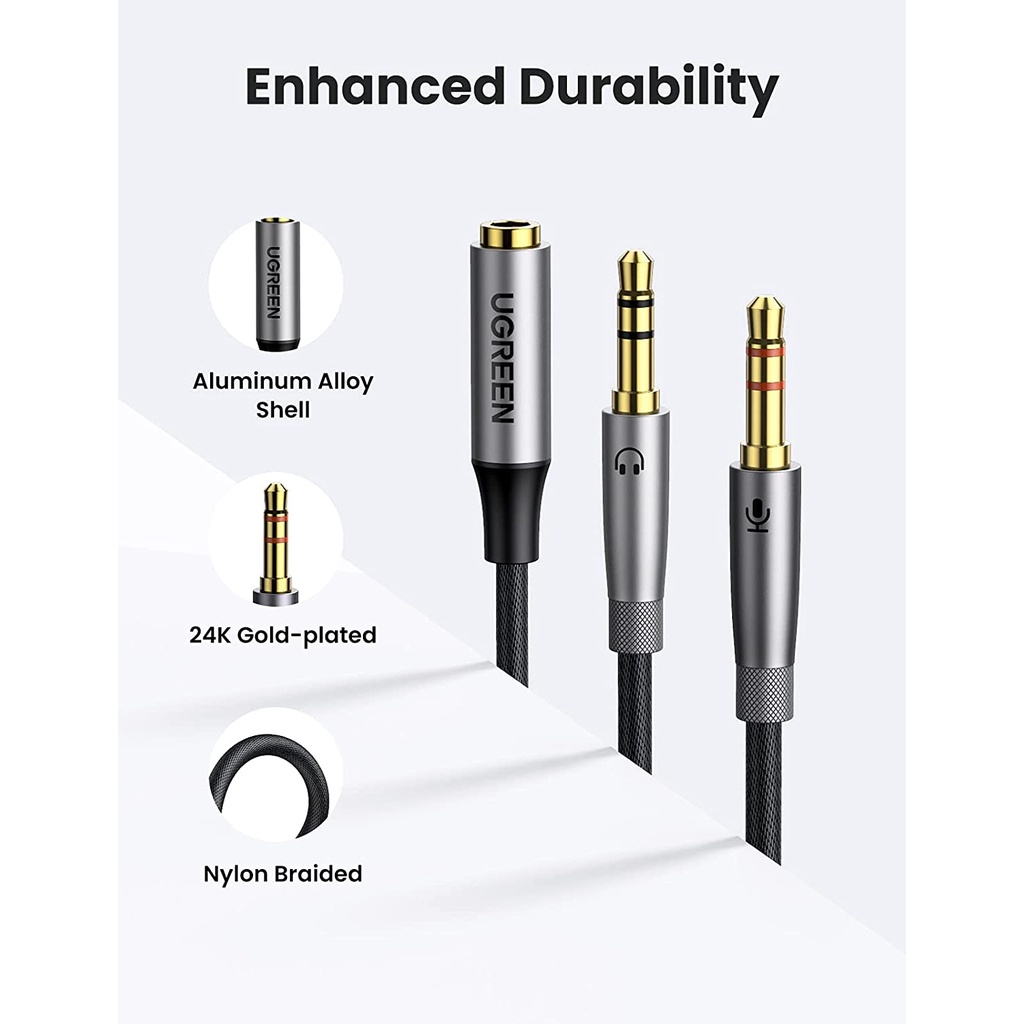 Dây chuyển đổi tai nghe 3.5mm sang 2 cổng 3.5mm cho âm thanh audio và mic, hàng chính hãng Ugreen, bảo hành 12 tháng