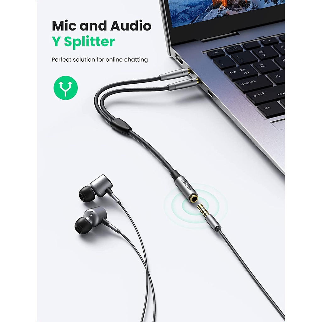 Dây chuyển đổi tai nghe 3.5mm sang 2 cổng 3.5mm cho âm thanh audio và mic, hàng chính hãng Ugreen, bảo hành 12 tháng