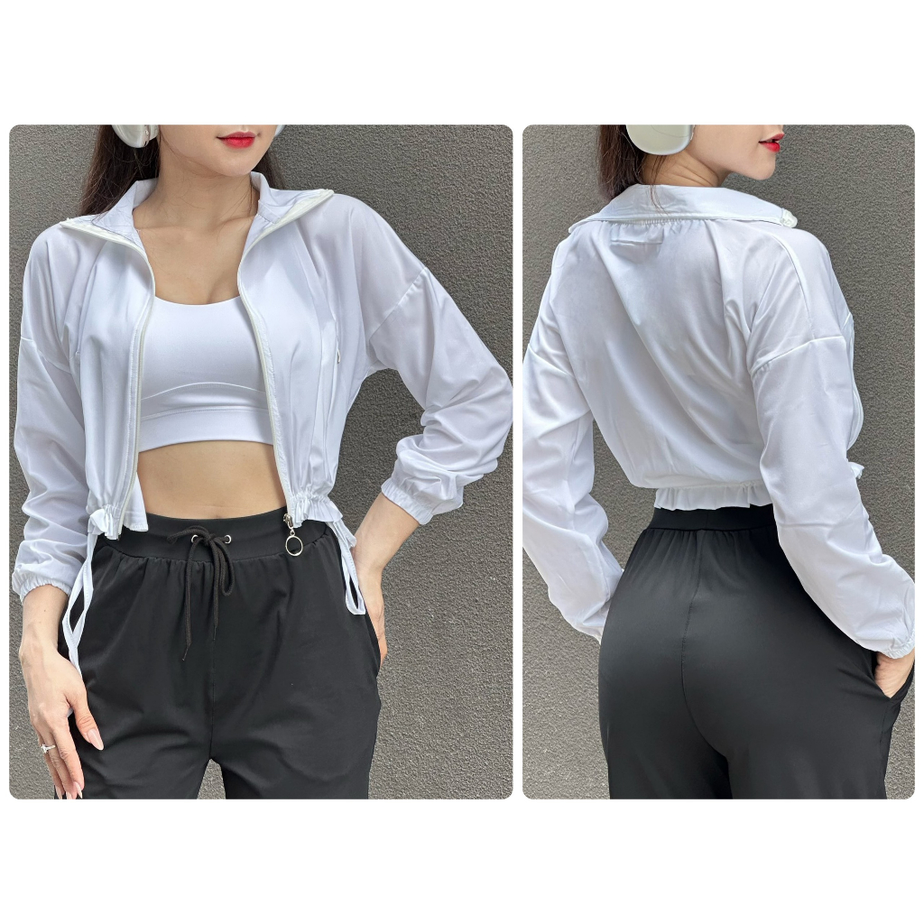 Áo Khoác Thể Thao Nữ Dáng Ngắn, Chất Xi Dù Cổ Cao Có Túi 2 Bên