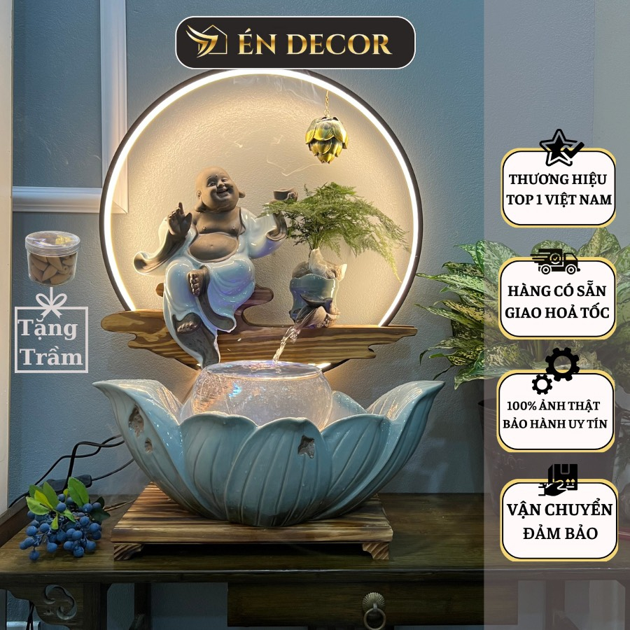 Thác nước phong thuỷ tượng Di Lặc ÉN DECOR size to có bể cá, gốm tử sa tráng men xanh cao cấp decor trang trí nhà cửa