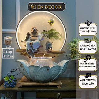 Thác nước phong thuỷ tượng Di Lặc ÉN DECOR size to có bể cá, gốm tử sa tráng men xanh cao cấp decor trang trí nhà cửa