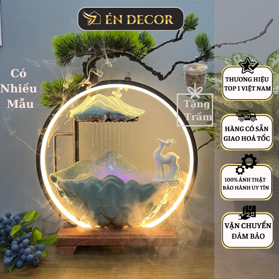 Thác nước phong thuỷ an nhiên ÉN DECOR xông trầm gốm tử sa tráng men xanh cao cấp có máy tạo khói decor trang trí nhà