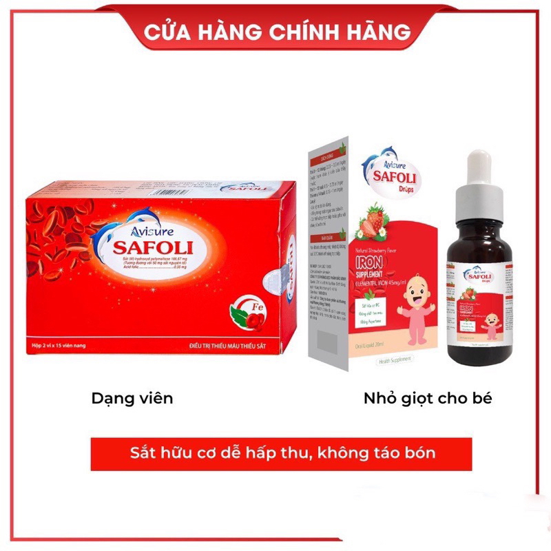 AVISURE SAFOLI Drop - Sắt hữu cơ chuyên biệt cho mẹ và bé sơ sinh, Hộp 30 viên, dạng nhỏ giọt lọ 20ml