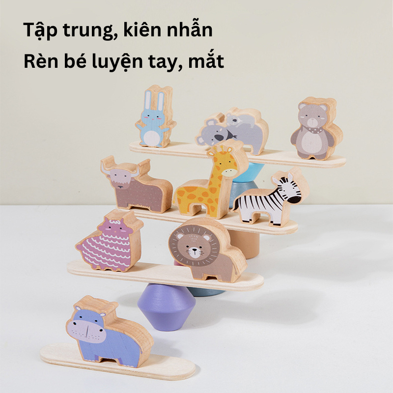 Đồ chơi xếp chồng cân bằng. Bộ xếp hình cân bằng động vật bằng gỗ. Đồ chơi giáo dục sớm rèn luyện cho bé từ 3 tuổi