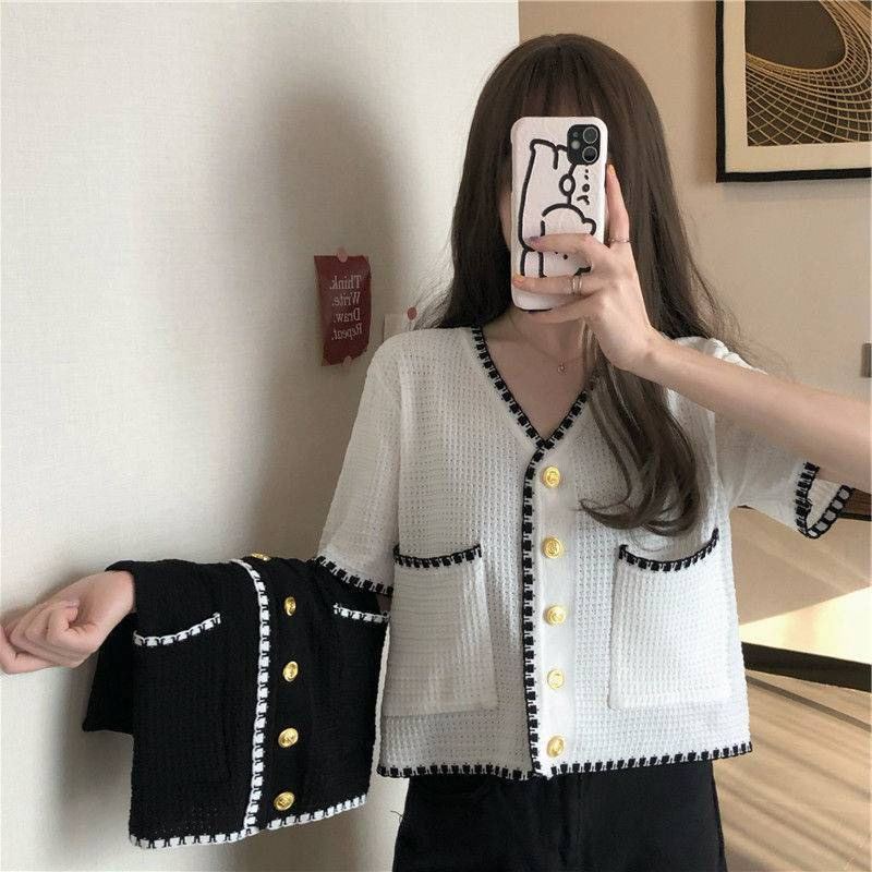 áo cardigan dệt kim tay ngắn,áo croptop cổ v lưng cao dáng lửng trẻ trung phong cách Hàn Quốc A762 SUTANO