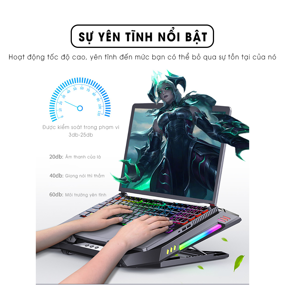 Đế tản nhiệt laptop gaming SIDOCOOLER X500 quạt kép làm mát nhanh LED RGB điều chỉnh độ cao 7 mức tương thích 18 inch
