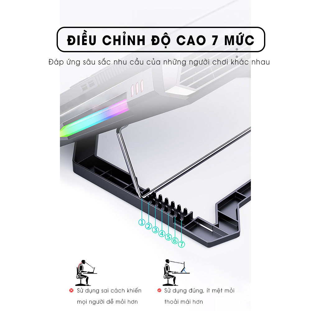 Đế tản nhiệt laptop gaming SIDOCOOLER X500 quạt kép làm mát nhanh LED RGB điều chỉnh độ cao 7 mức tương thích 18 inch