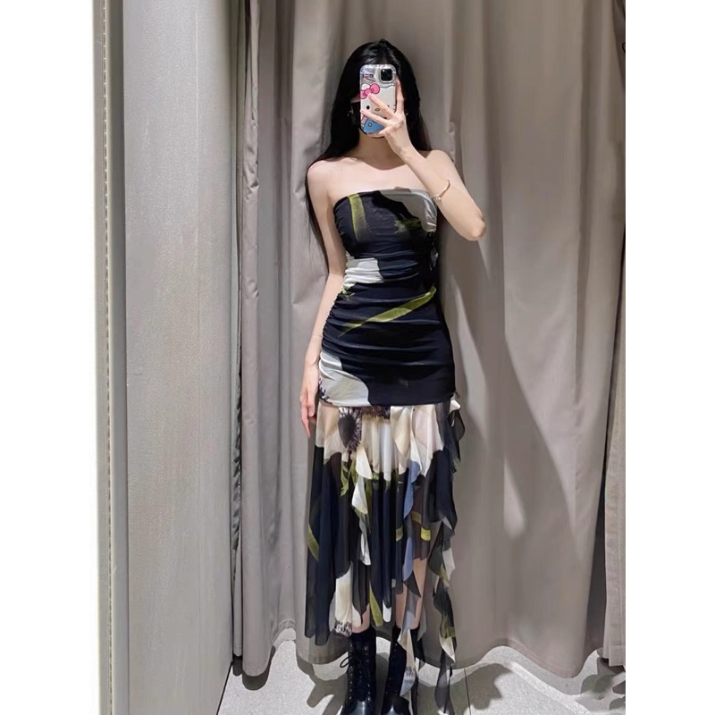 Váy cúp ngực voan lưới phối hoa hàng xuất dư