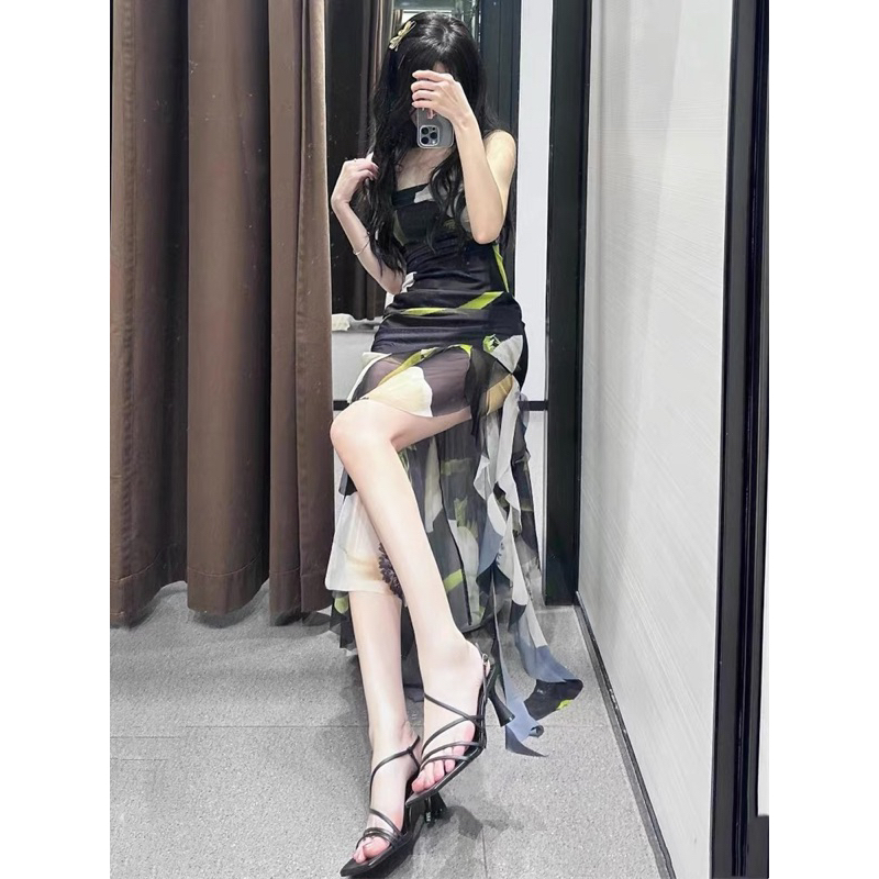 Váy cúp ngực voan lưới phối hoa hàng xuất dư