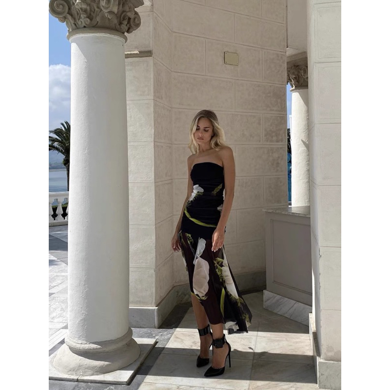 Váy cúp ngực voan lưới phối hoa hàng xuất dư