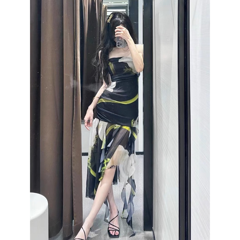 Váy cúp ngực voan lưới phối hoa hàng xuất dư