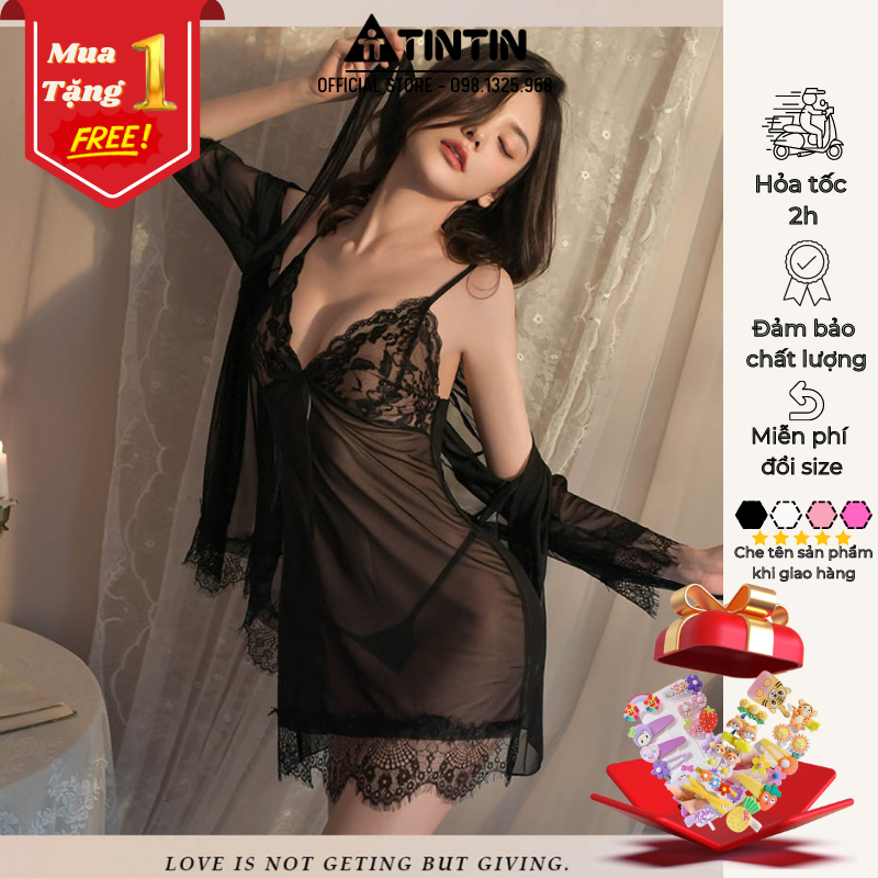 Set đầm ngủ, váy ngủ nữ ren sexy chất voan tơ mỏng xuyên thấy quyến rũ - S,M,L - Đen, Trắng, Hồng, Hồng nhạt