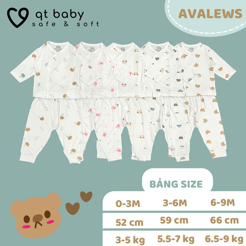 Bộ dài tay cho bé, chất avalews màu trắng in hoạ tiết ngộ nghĩnh cho bé yêu