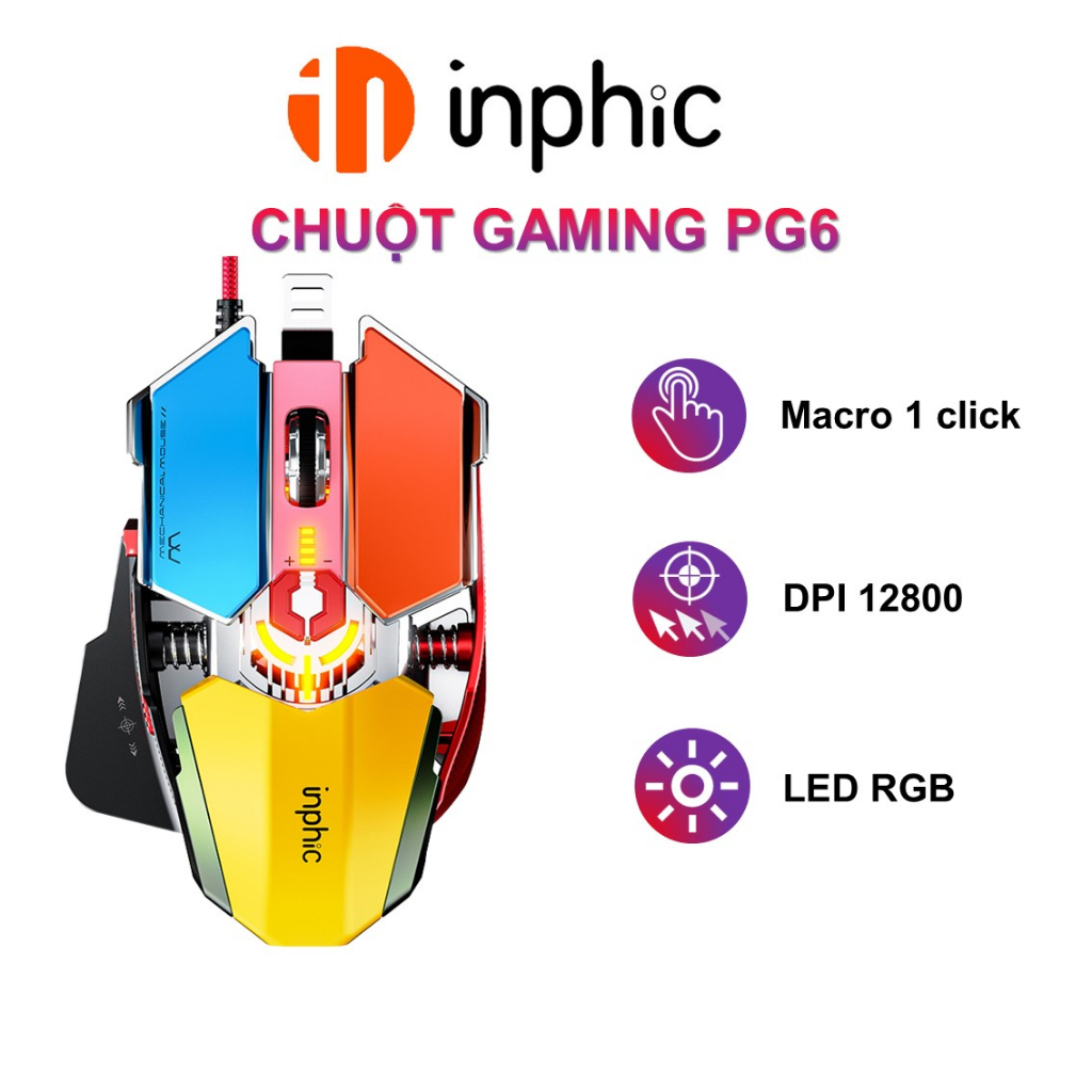 Chuột gaming máy tính Yindiao INPHIC PG6 có dây 12800 DPI macro combo mọi tựa game chơi máy tính laptop công thái học