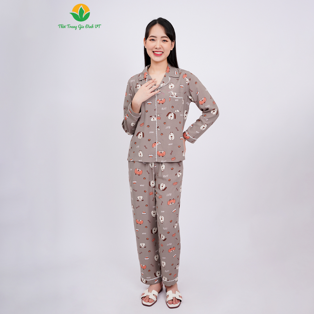 Bộ mặc nhà nữ thu đông dài tay  thời trang Việt Thắng pijama chất lanh  - B10.2304