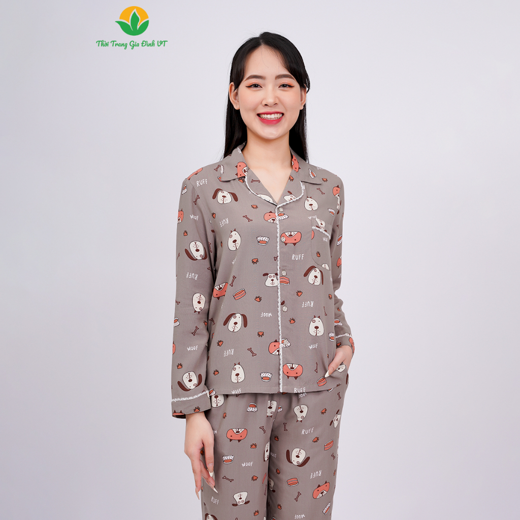 Bộ mặc nhà nữ thu đông dài tay  thời trang Việt Thắng pijama chất lanh  - B10.2304