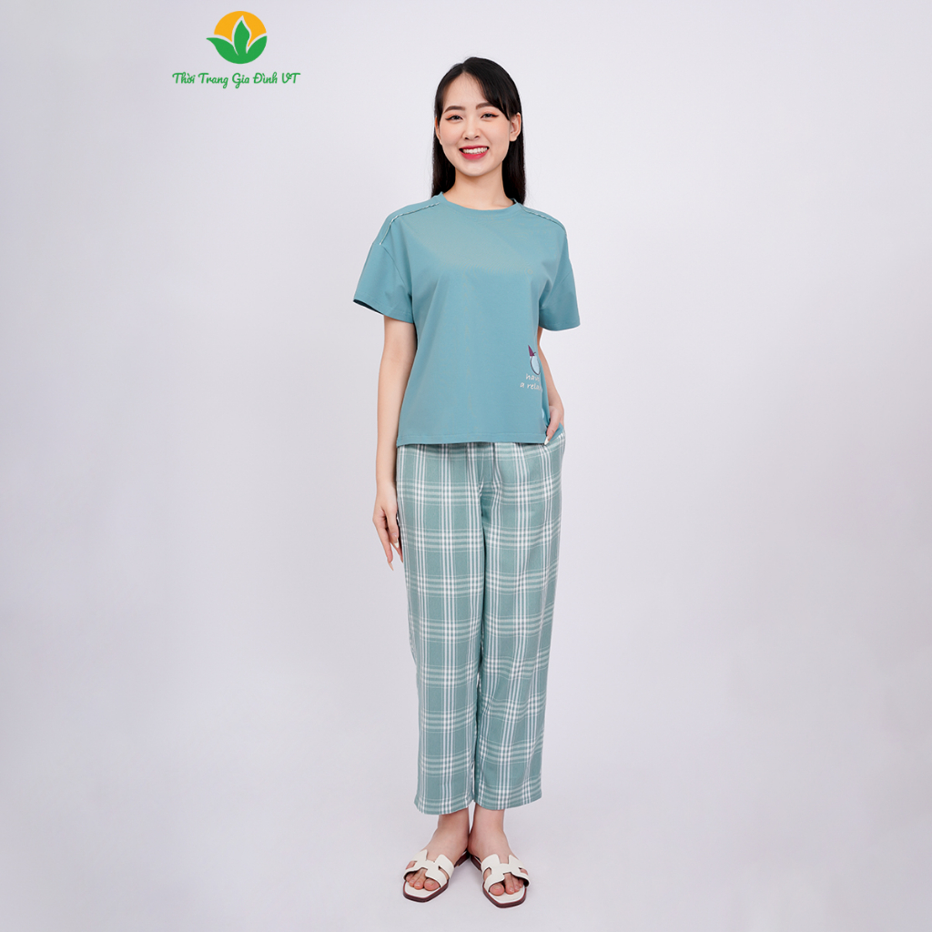 Đồ bộ nữ Việt Thắng chất Cotton dệt kim quần dài, áo cộc tay phối kẻ  - B48.2305