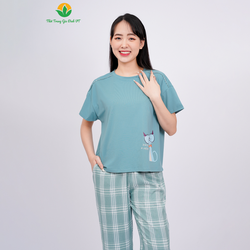 Đồ bộ nữ Việt Thắng chất Cotton dệt kim quần dài, áo cộc tay phối kẻ  - B48.2305