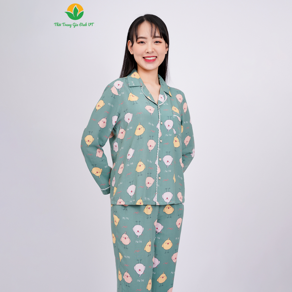 Bộ mặc nhà nữ thu đông dài tay  thời trang Việt Thắng pijama chất lanh  - B10.2304