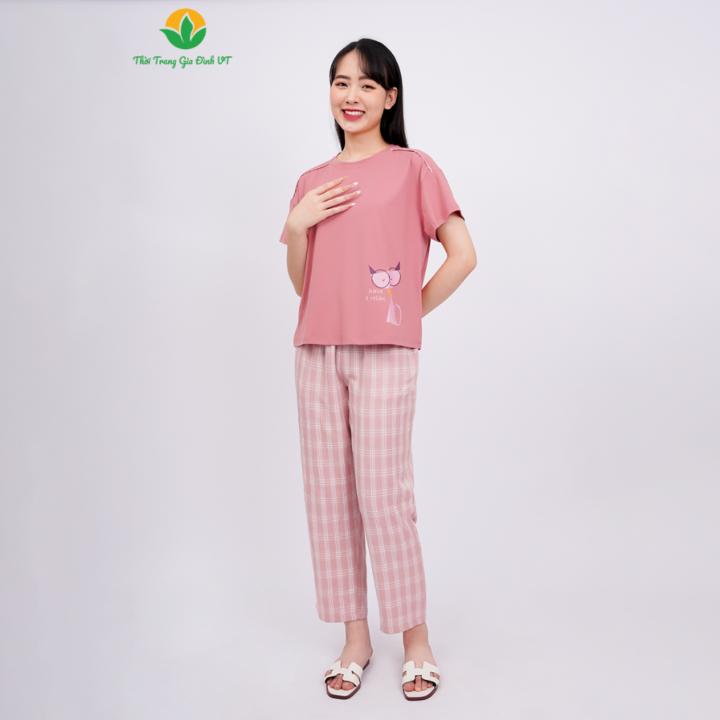 Đồ bộ nữ Việt Thắng chất Cotton dệt kim quần dài, áo cộc tay phối kẻ  - B48.2305