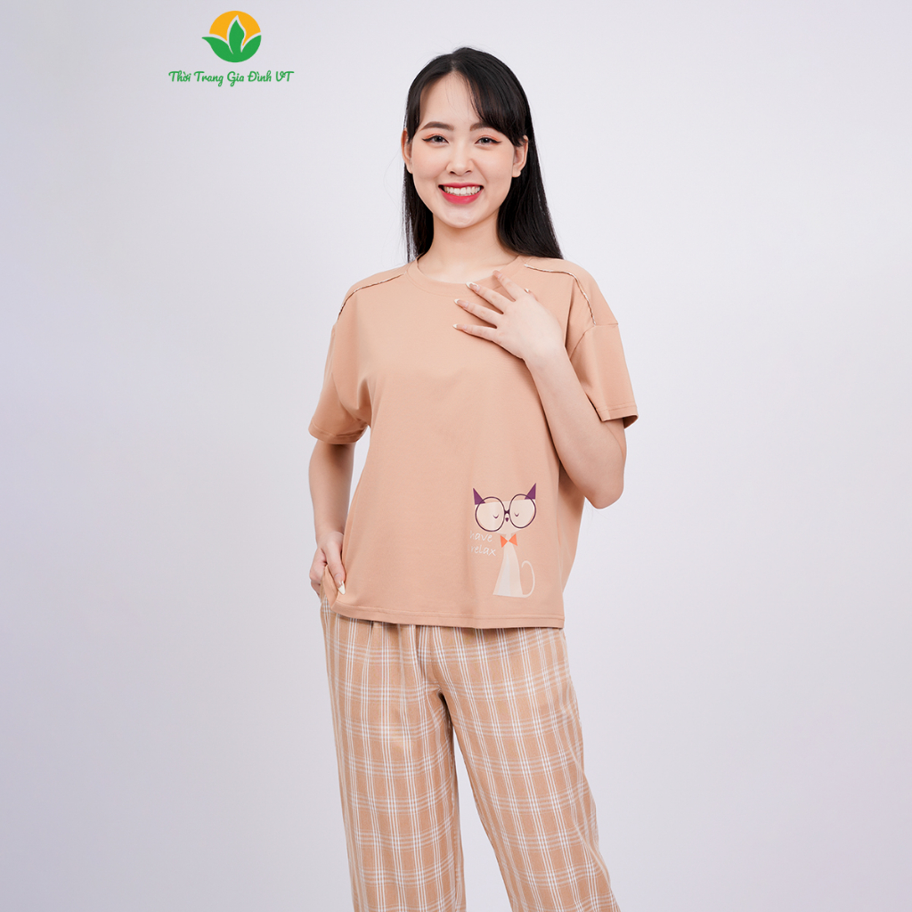 Đồ bộ nữ Việt Thắng chất Cotton dệt kim quần dài, áo cộc tay phối kẻ  - B48.2305