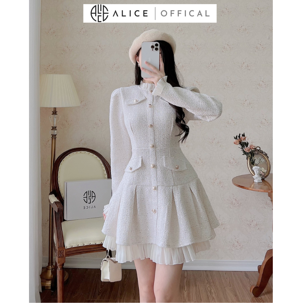 Váy Dạ Tweed Tiểu Thư ALICE Set Váy Dạ Tay Dài, Váy Tết, Váy Mùa Đông Nữ Thiết Kế Kim Sa Phối Tơ Nhũ Dáng Xoè V1059