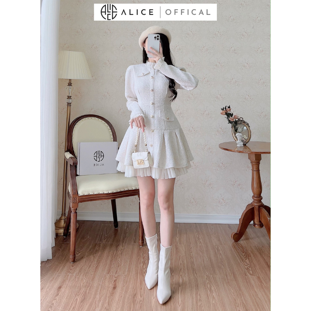 Váy Dạ Tweed Tiểu Thư ALICE Set Váy Dạ Tay Dài, Váy Tết, Váy Mùa Đông Nữ Thiết Kế Kim Sa Phối Tơ Nhũ Dáng Xoè V1059