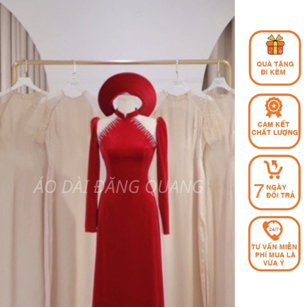 Áo Dài Nhung Thiết Kế Sẻ Vai Phối Lưới Tay Bồng Đính Kết Sang Chảnh Nhung 7 Biên Dày Dặn Cao Cấp Quần Lụa Phi