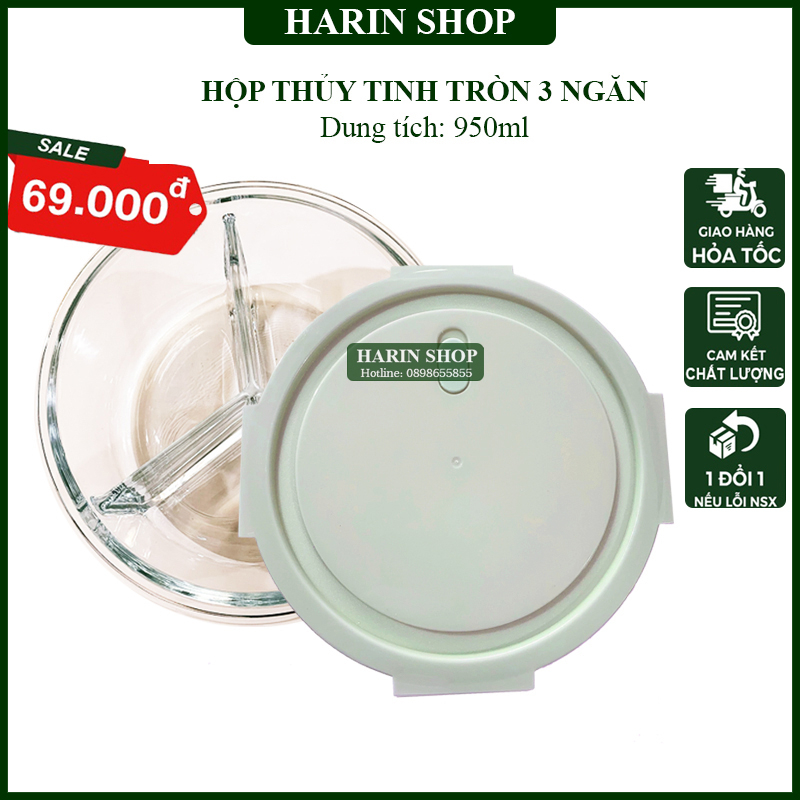 Hộp Thủy Tinh Tròn 3 Ngăn - Nắp Chống Tràn - Hộp Cơm Văn Phòng Đựng Thức Ăn Cao Cấp, Tiện Lợi - Quay Được Lò Vi Sóng HAR