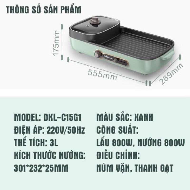 Nồi lẩu nướng đa năng 2in1 BEAR DKL-C15G1 sôi nhanh khay vuông 2 ngăn chống dính