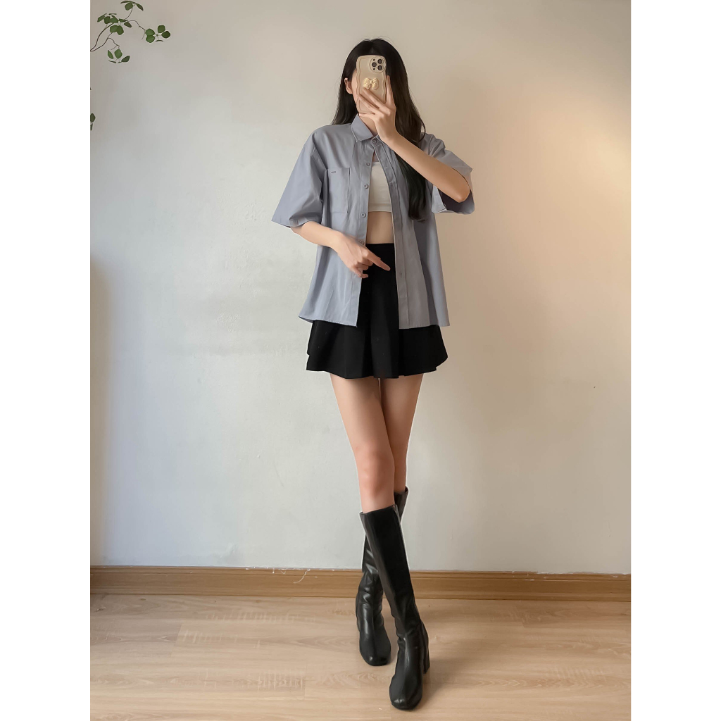 Áo sơ mi tay cộc chữ ESSENTIALS màu xanh chất thô mát - Retrostyle -  AoSMEssential2619
