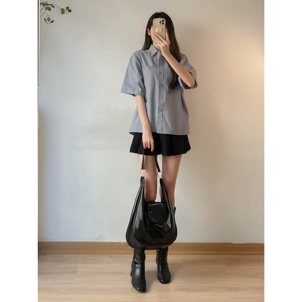 Áo sơ mi tay cộc chữ ESSENTIALS màu xanh chất thô mát - Retrostyle -  AoSMEssential2619