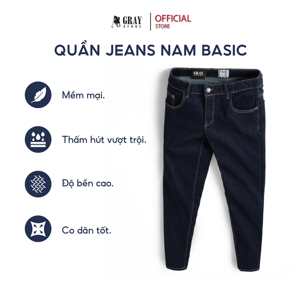 Quần Jean Nam GrayHomme Màu Xanh, Phom Ôm, Trẻ Trung, Thanh Lịch, Co Giãn Tốt