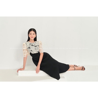 Thanh lý pass váy đầm midi maxi đen cổ tay ngắn cao cấp ren Mint Boutique auth chính hãng size L sang trọng nữ tính