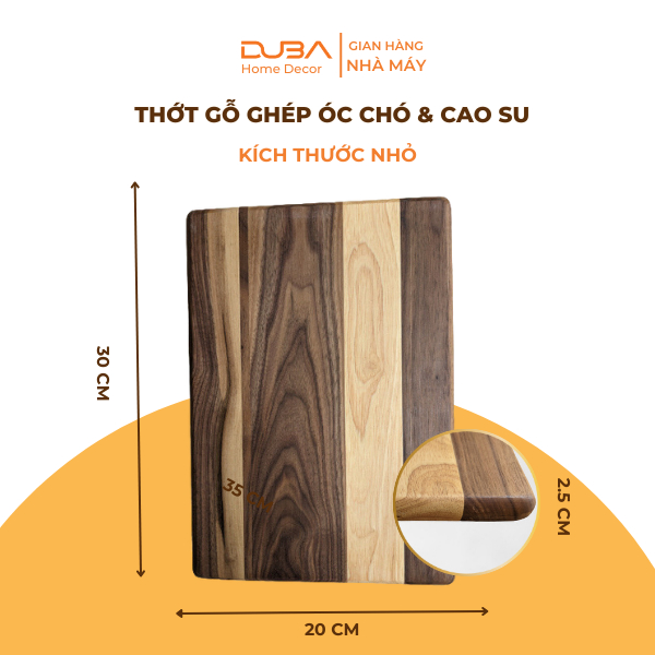 Thớt ghép Óc chó & Cao su DUBA hình chữ nhật size 35x25x2.5cm và 30x20x2.5cm, màu tự nhiên với độ bền vượt trội