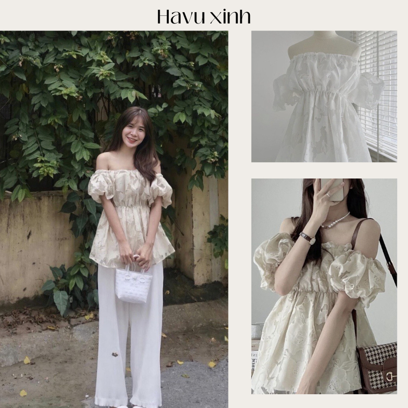 Áo Trễ Vai Nữ Tay Bồng 2 Lớp Chất Đũi Xốp Mềm Phong Cách Hàn Quốc Đáng Yêu- HAVU