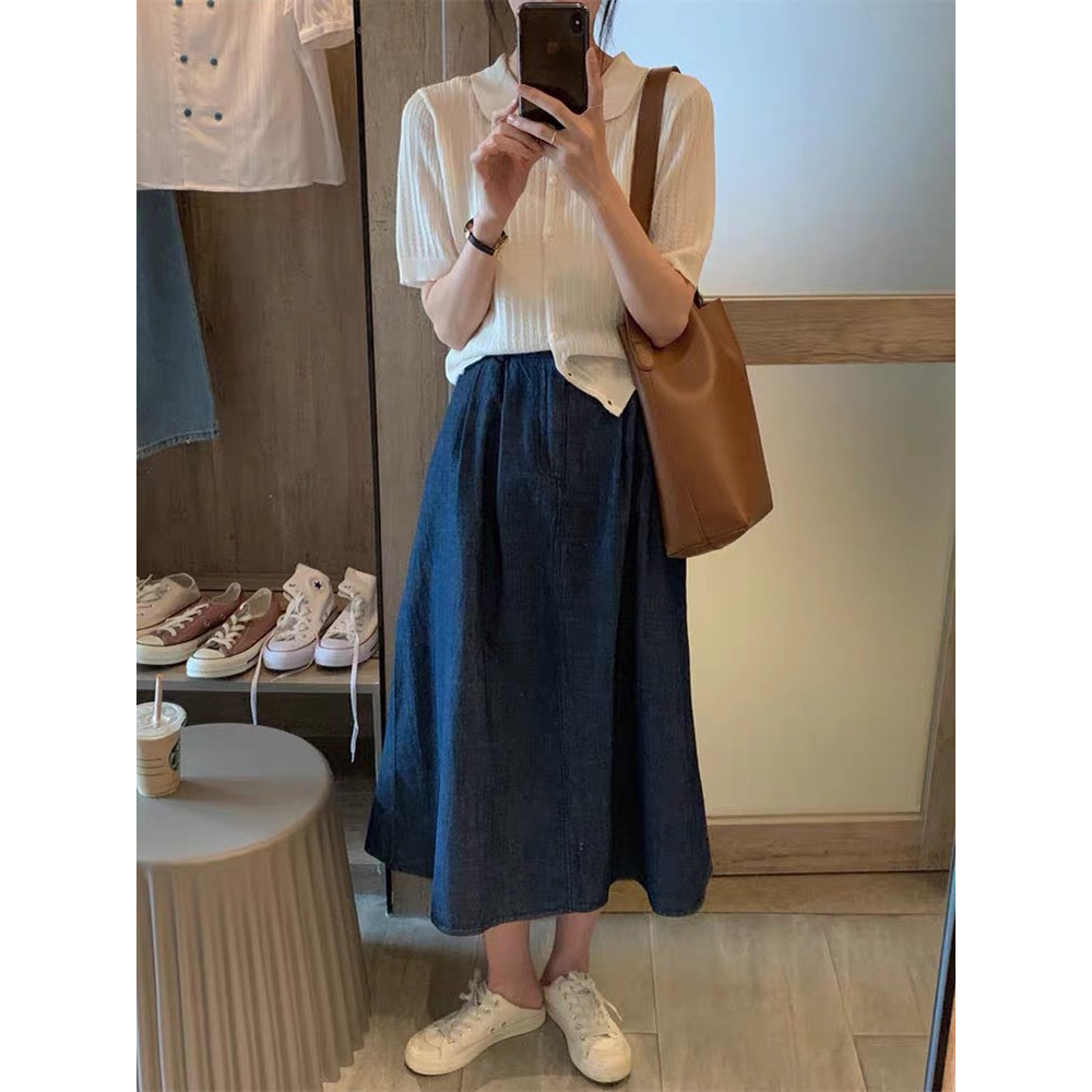 Chân váy jeans dáng dài form rộng cạp chun sau lưng