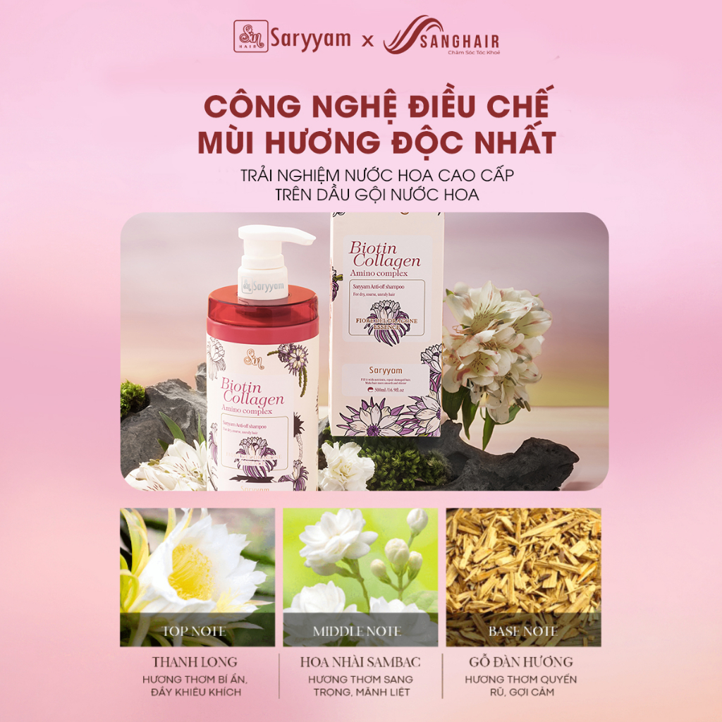 Combo dầu gội và xả nước hoa SinHair Saryyam hương Hoa Thanh Long - Hỗ trợ thải độc da đầu, Kiềm dầu, giảm gầu