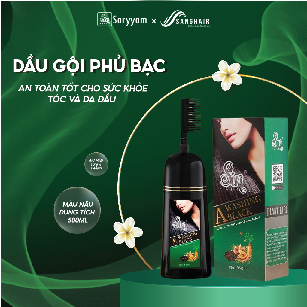 Dầu Gội Phủ Bạc Sin Hair Màu Đen Không Hoá Chất, Phủ Bạc Ngay Lần Đầu Tiên Chai 500Ml