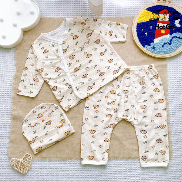 Bộ sơ sinh gài nút 3 món  HotGa cho em bé dưới 6kg