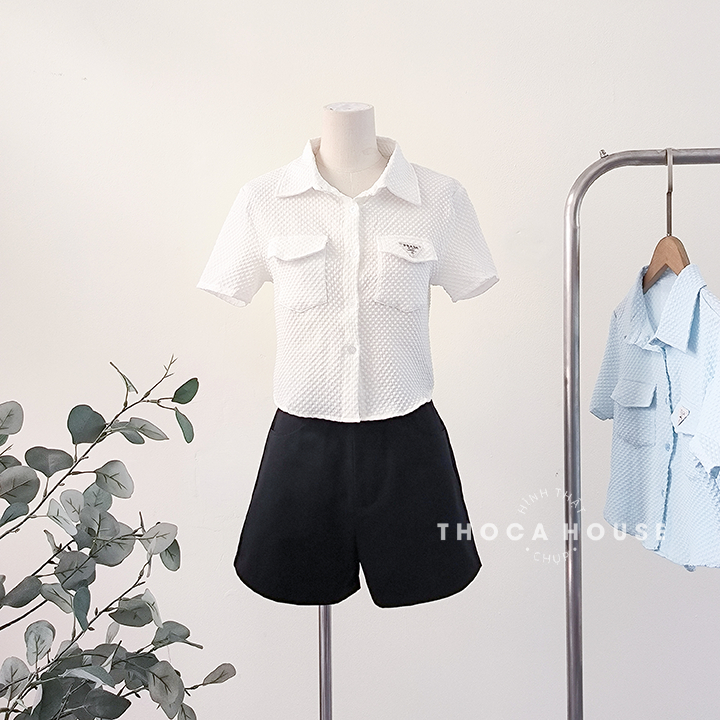 Áo sơ mi croptop vải xốp tay ngắn túi THOCA HOUSE mặc thường ngày, dễ phối