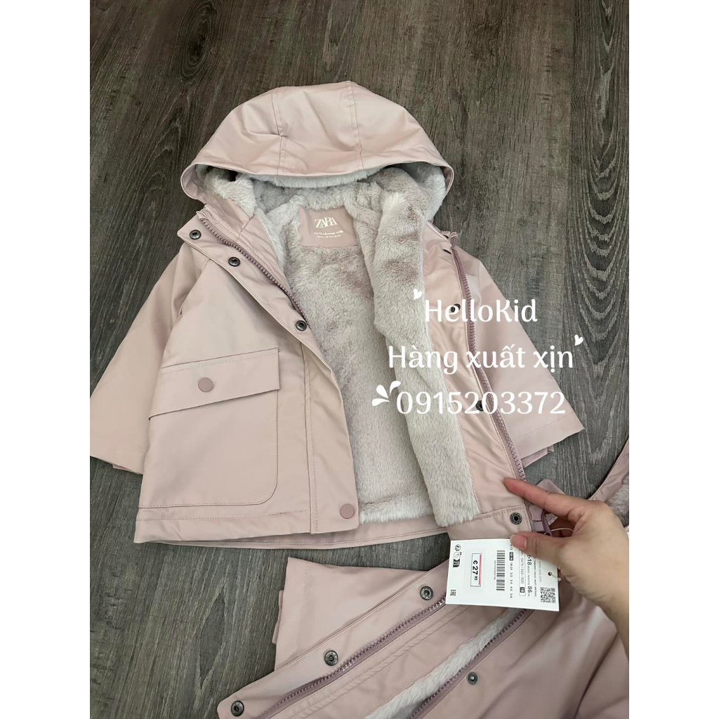 Áo khoác raincoat hồng lót lông thỏ zr bé gái